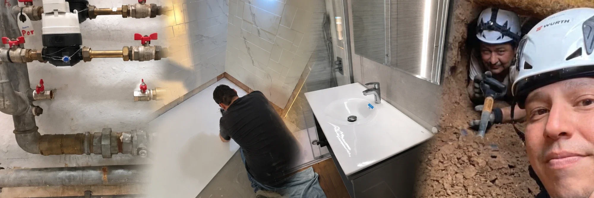Trabajos reales de Dagir: llaves de paso en un cuarto de contadores, la instalación de un baño y Dagir trabajando en una zanja